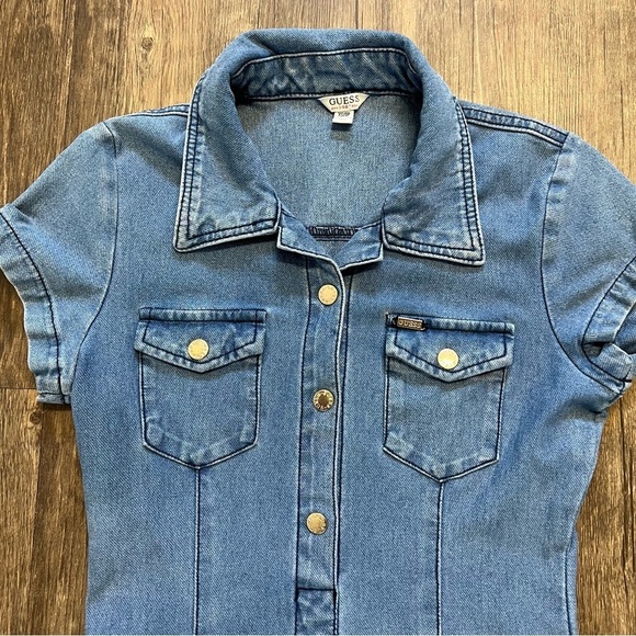 Guess Denim Mid Wash Fitted Short Sleeve Mini Dress Bodycon Stretch Size XS - Picture 6 of 14